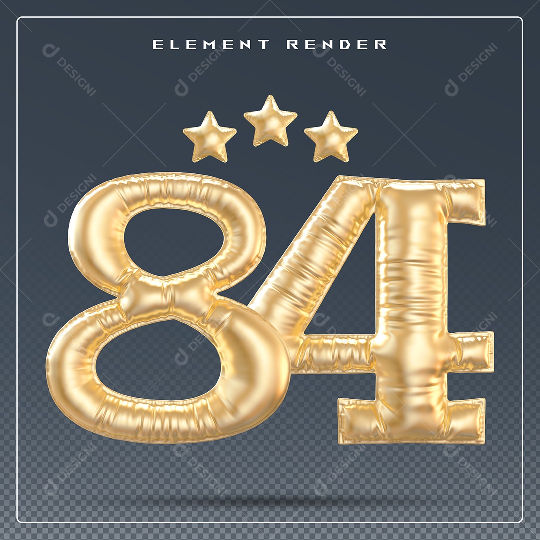 Elemento 3D Número 84 Dourado para Composição PSD