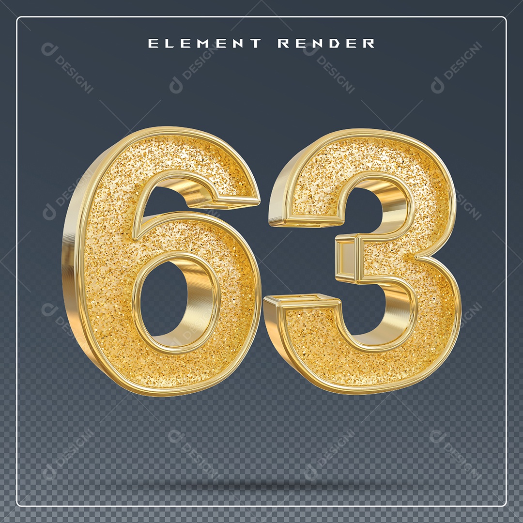 Elemento 3D Número 63 Dourado para Composição PSD