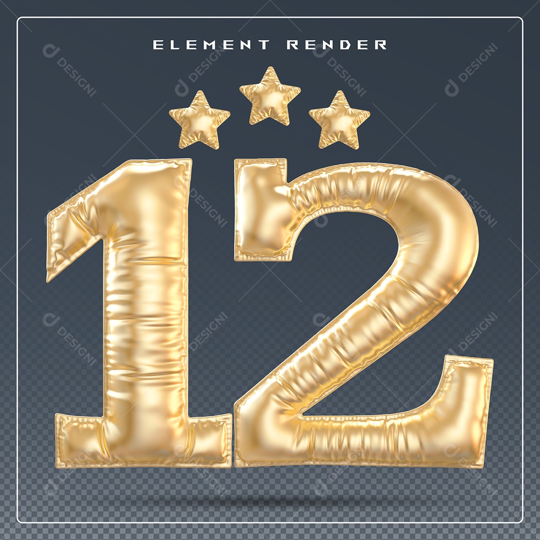 Elemento 3D Número 12 Dourado para Composição PSD