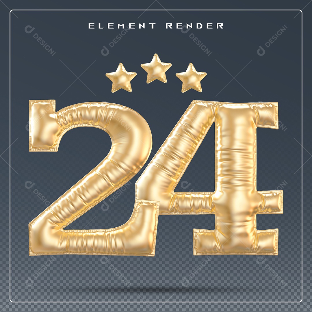 Elemento 3D Número 24 Dourado para Composição PSD