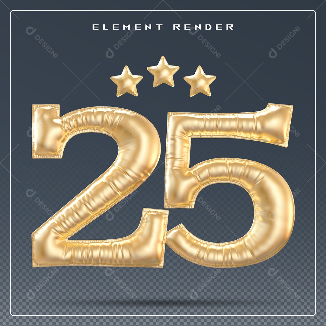 Elemento 3D Número 25 Dourado para Composição PSD