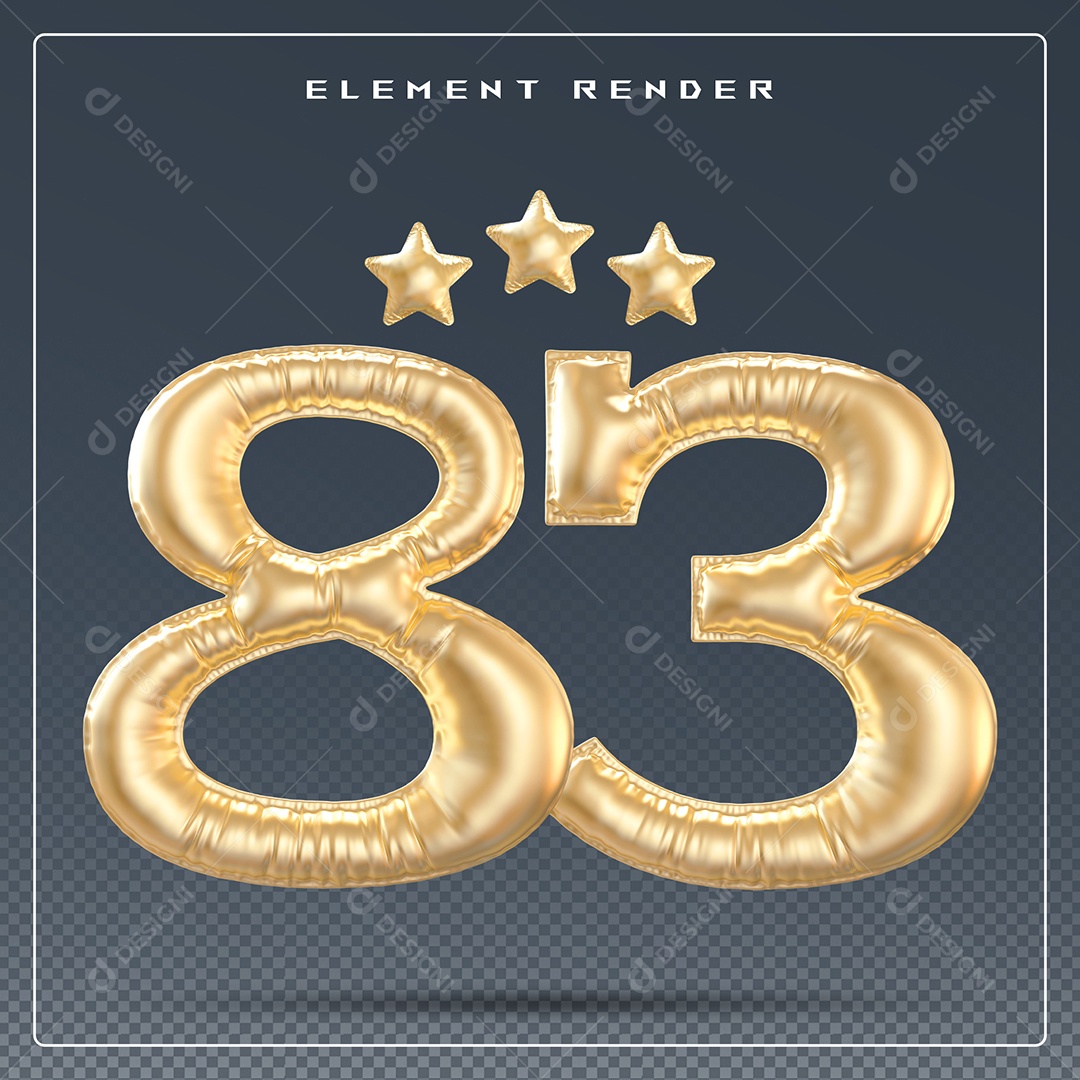 Elemento 3D Número 83 Dourado para Composição PSD