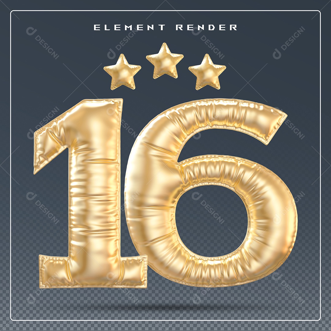 Elemento 3D Número 16 Dourado para Composição PSD
