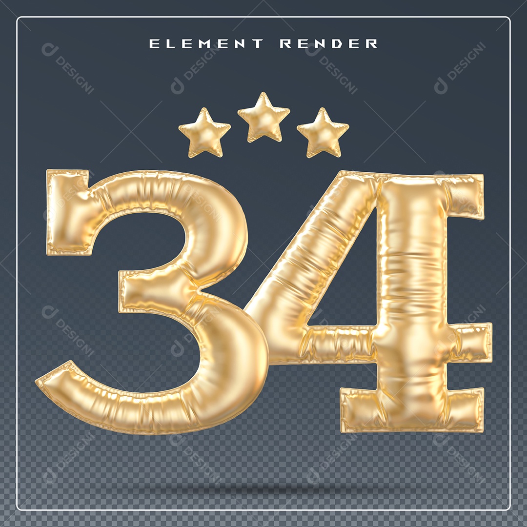 Elemento 3D Número 34 Dourado para Composição PSD