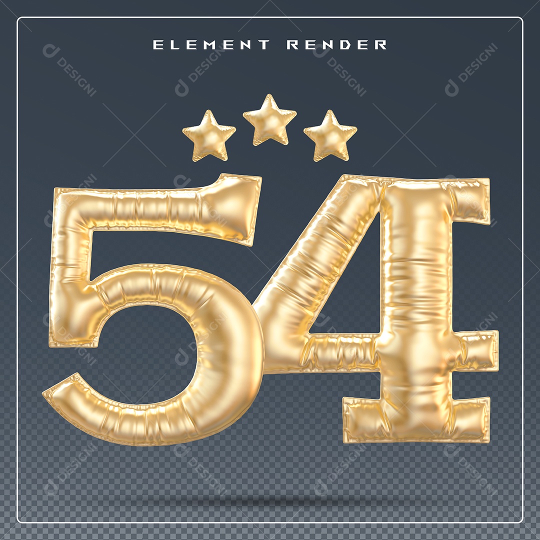 Elemento 3D Número 54 Dourado para Composição PSD