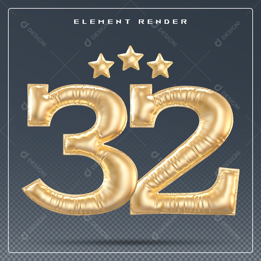Elemento 3D Número 32 Dourado para Composição PSD