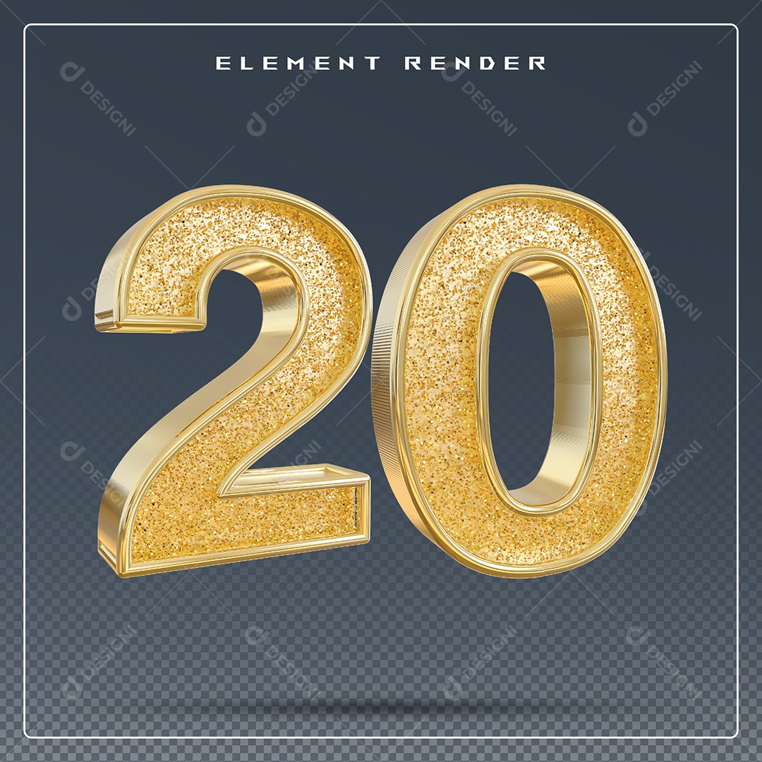 Elemento 3D Número 20 Dourado para Composição PSD