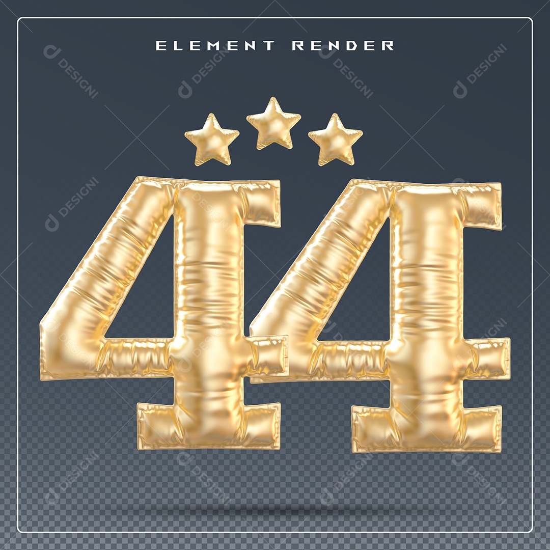 Elemento 3D Número 44 Dourado para Composição PSD