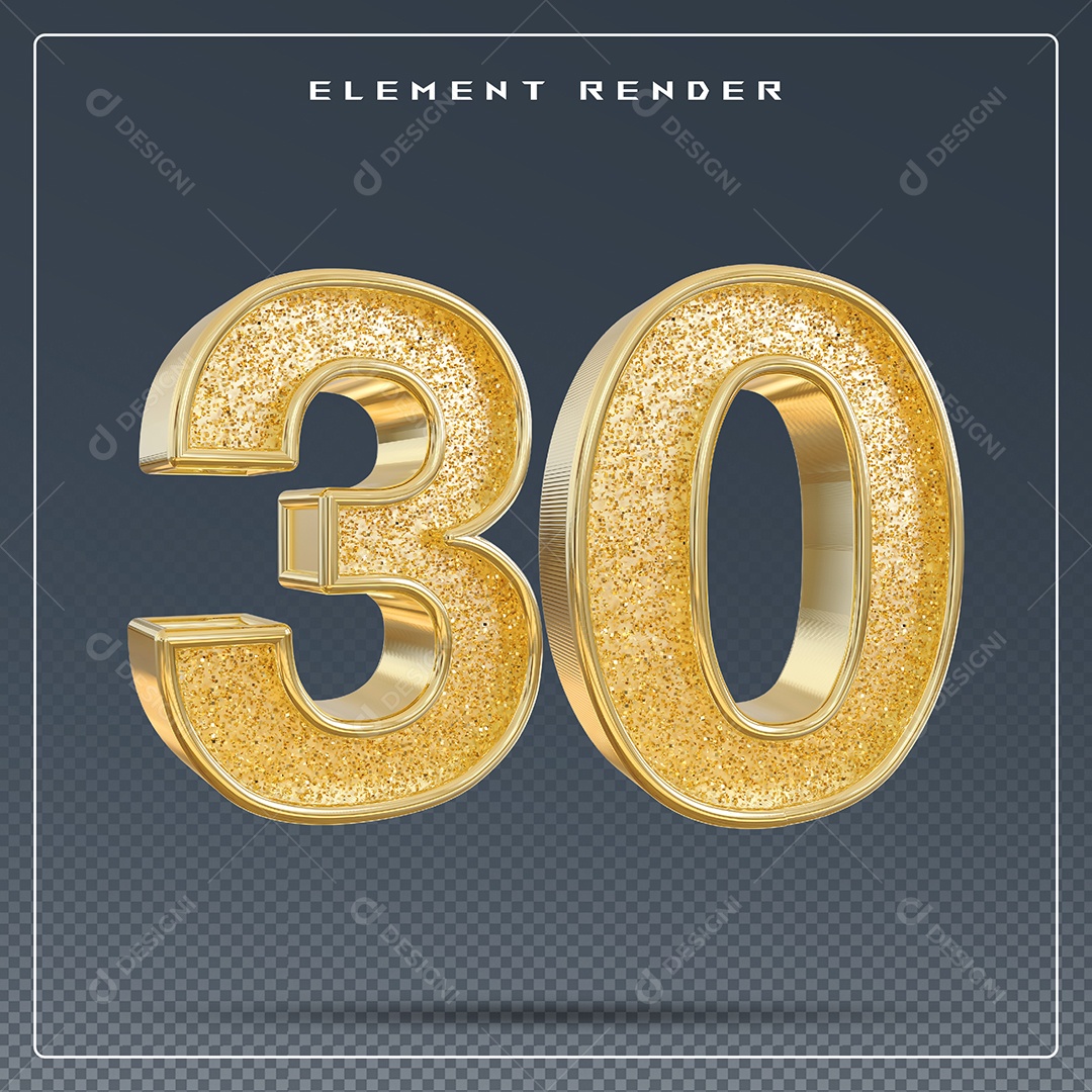 Elemento 3D Número 30 Dourado para Composição PSD