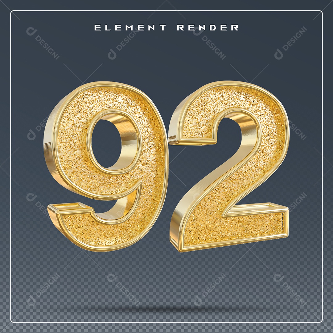 Elemento 3D Número 92 Dourado para Composição PSD