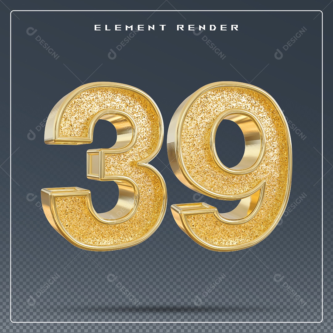 Elemento 3D Número 39 Dourado para Composição PSD