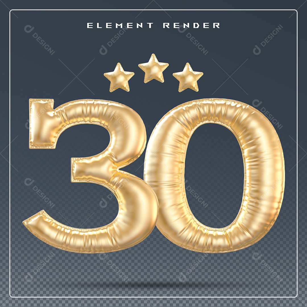 Elemento 3D Número 30 Dourado para Composição PSD