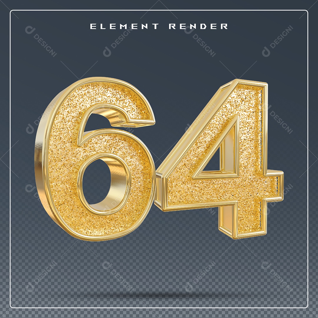 Elemento 3D Número 64 Dourado para Composição PSD
