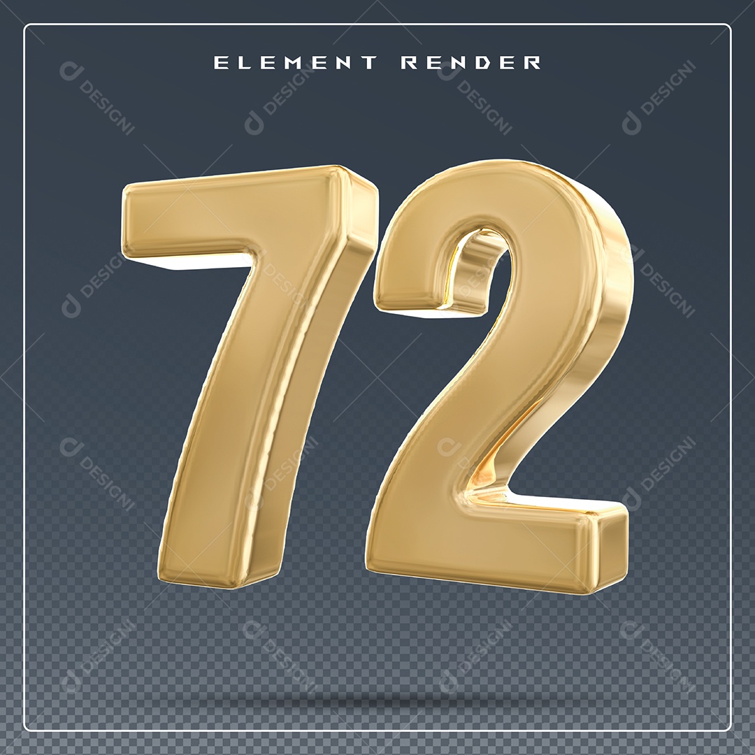 Elemento 3D Número 72 Dourado para Composição PSD