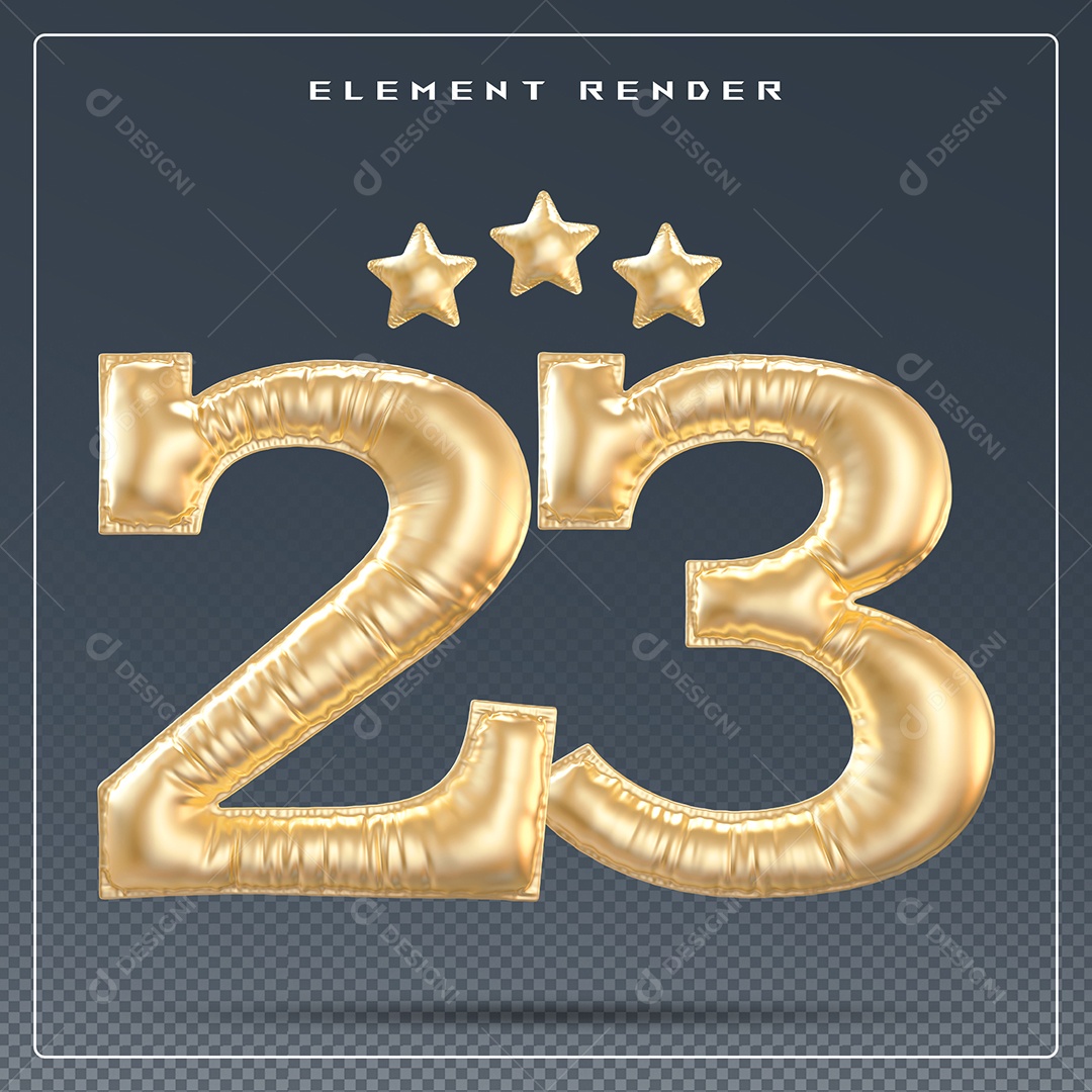 Elemento 3D Número 23 Dourado para Composição PSD