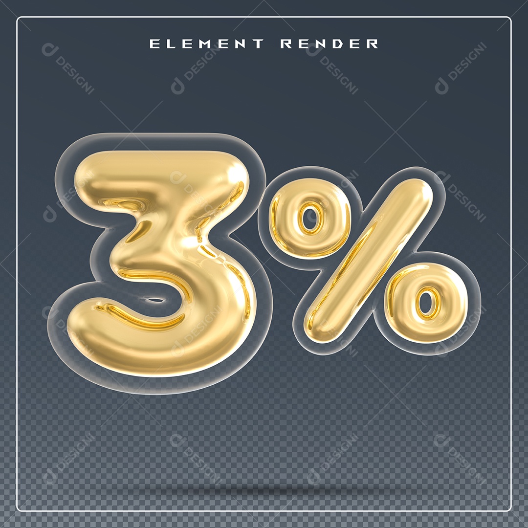 Elemento 3D Número 3 % Dourado para Composição PSD