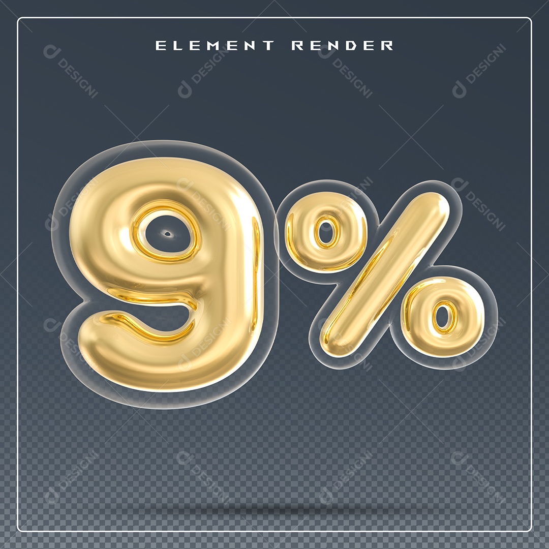 Elemento 3D Número 9% Dourado para Composição PSD