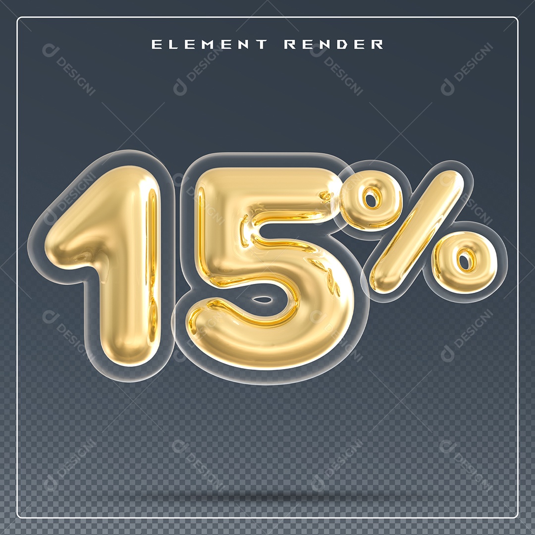 Elemento 3D Número 15% Dourado para Composição PSD