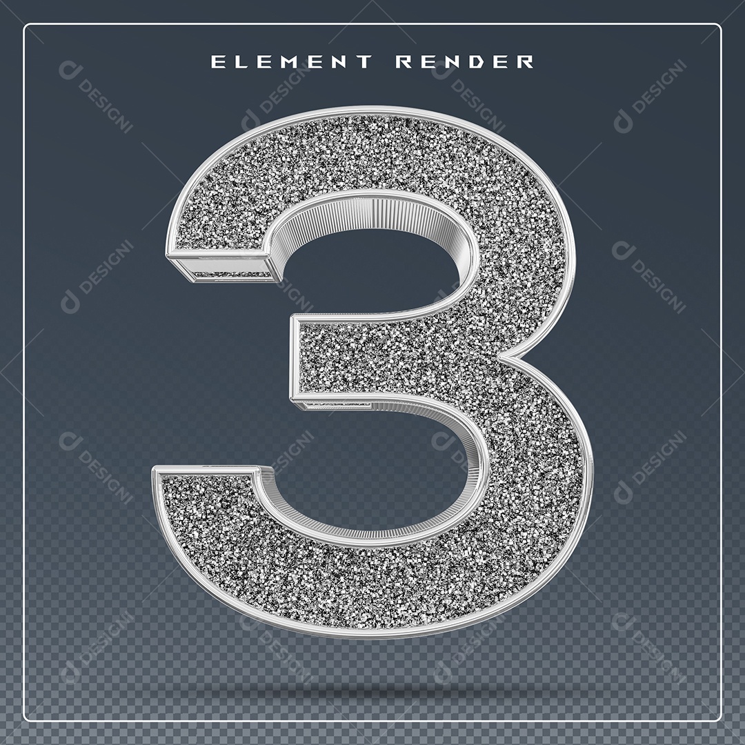 Elemento 3D Número 3 Cinza para Composição PSD
