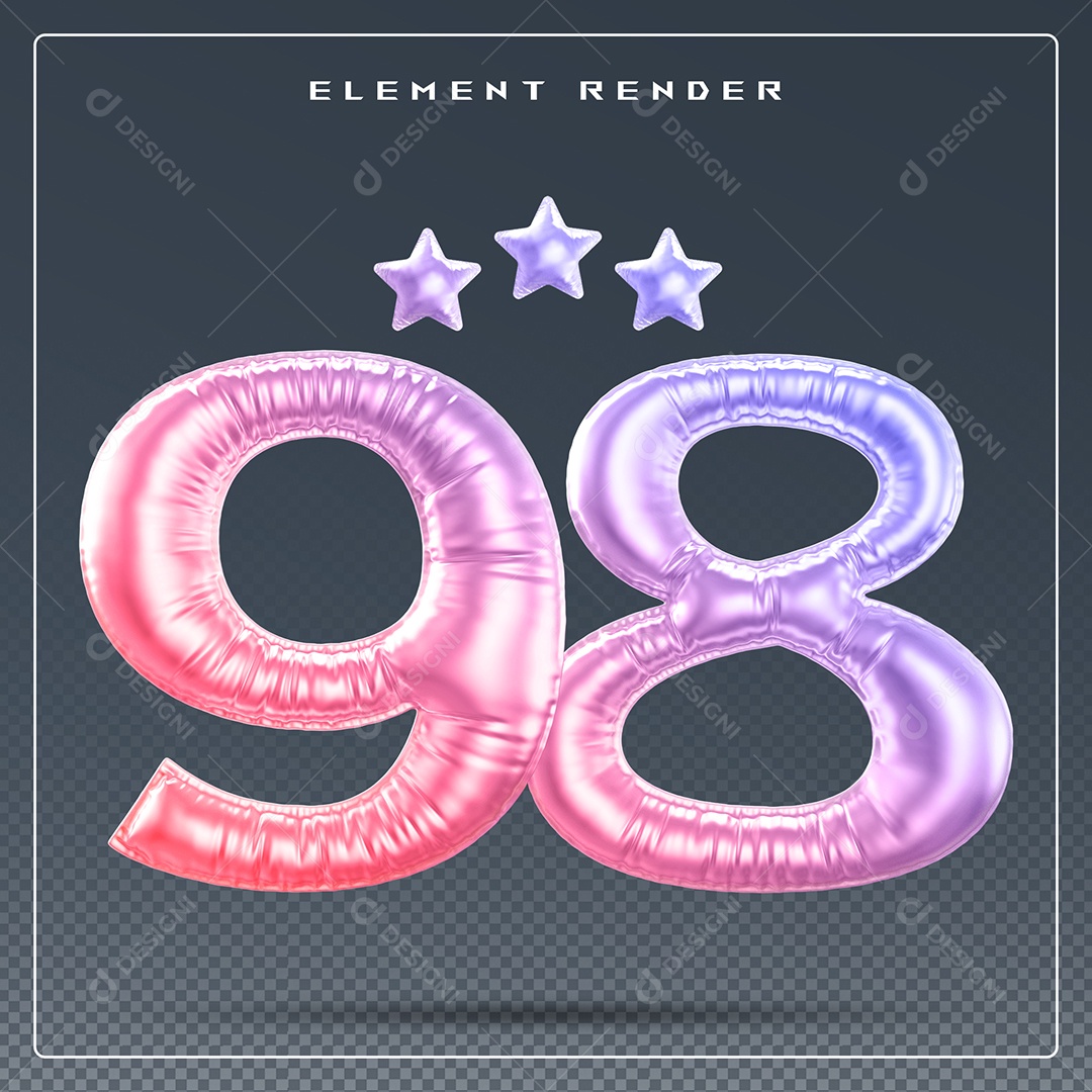 Elemento 3D Número 98 Colorido para Composição PSD