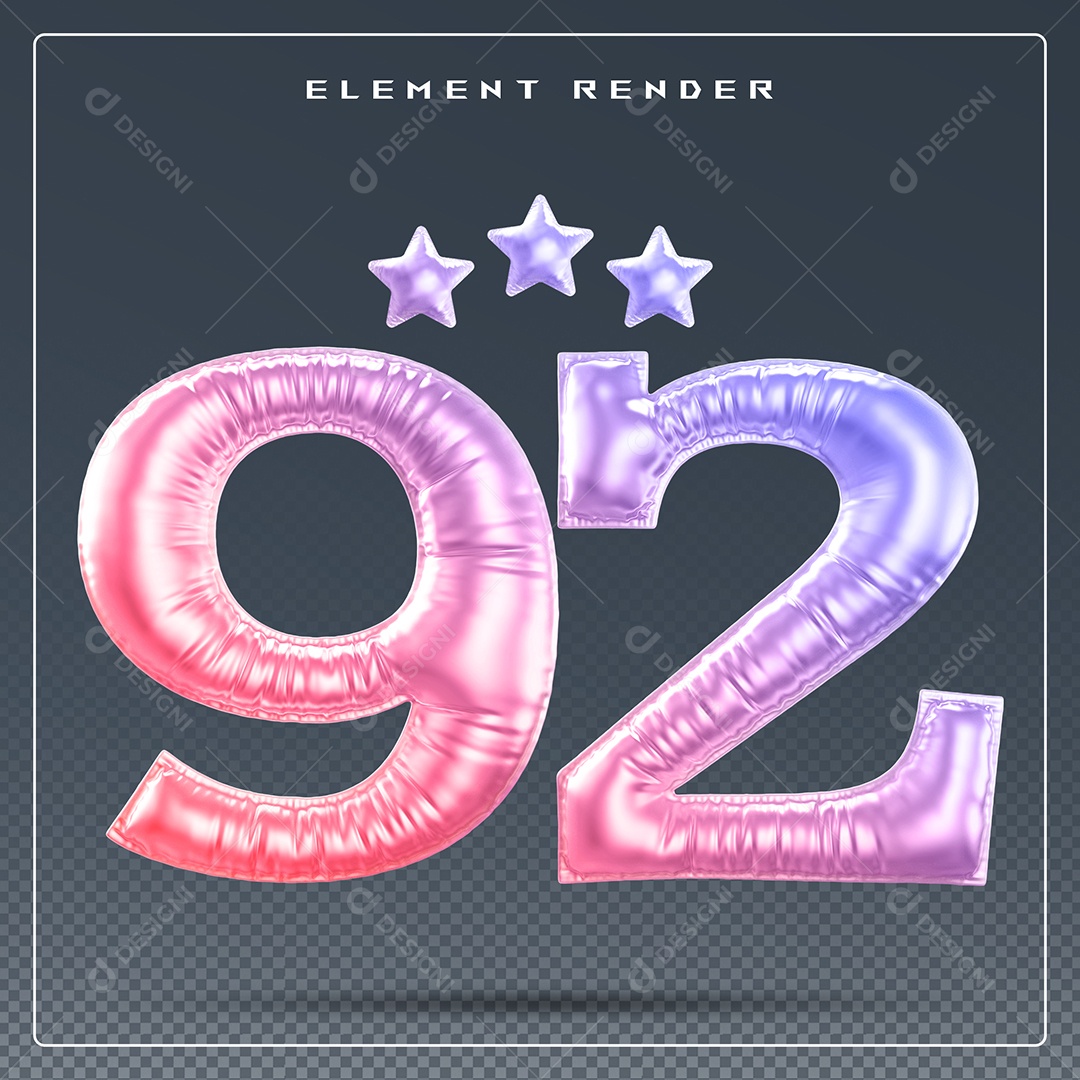 Elemento 3D Número 92 Colorido para Composição PSD