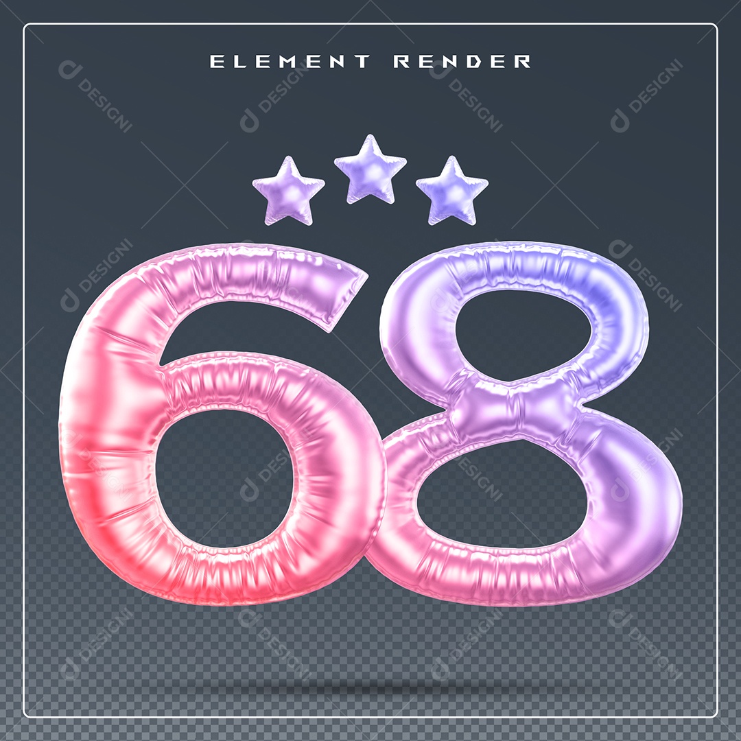 Elemento 3D Número 68 Colorido para Composição PSD