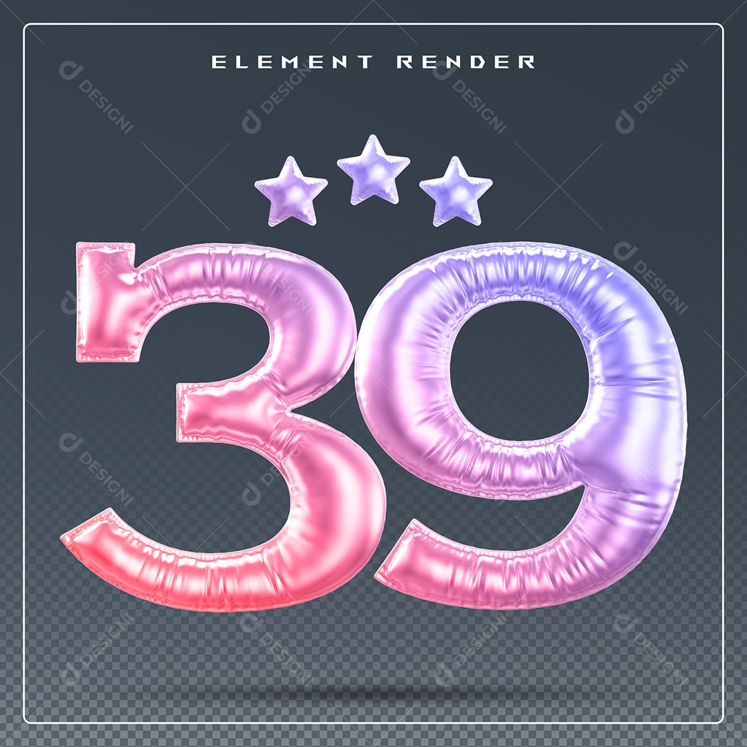 Elemento 3D Número 39 Colorido para Composição PSD