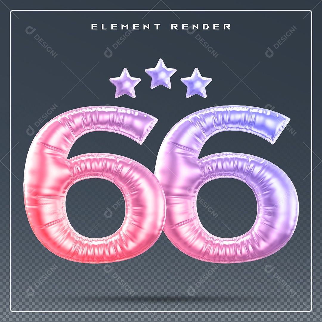 Elemento 3D Número 66 Colorido para Composição PSD
