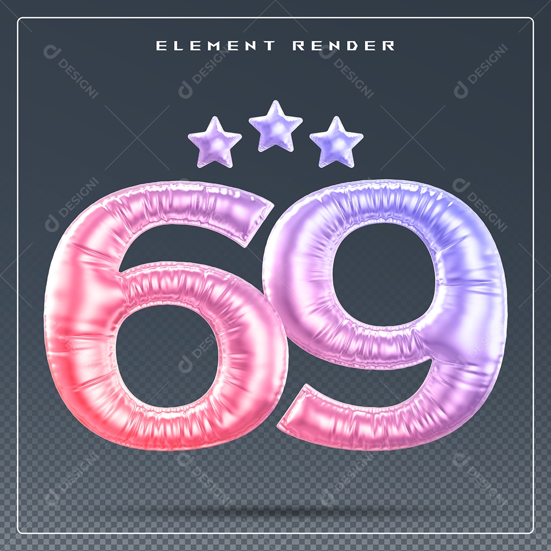 Elemento 3D Número 69 Colorido para Composição PSD