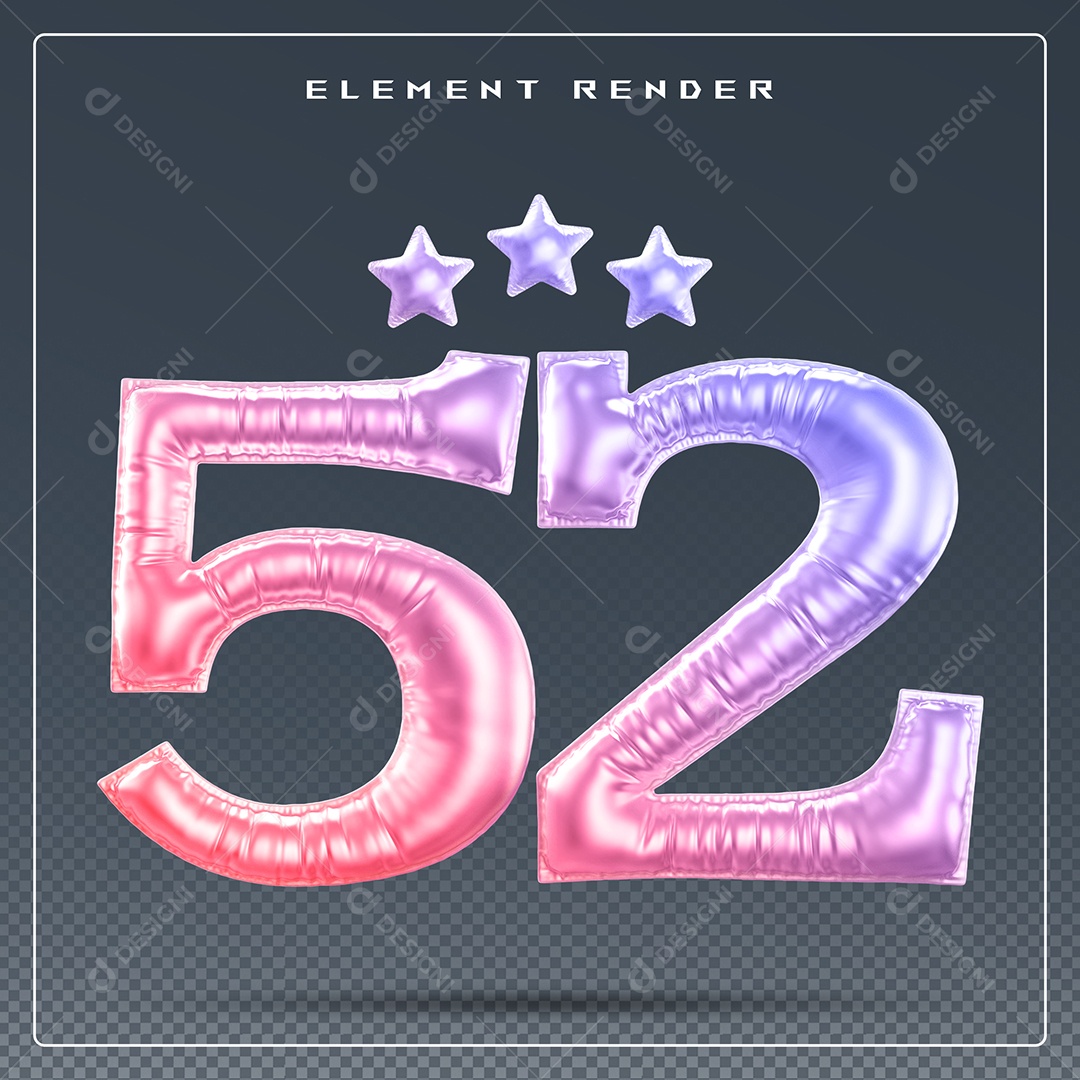 Elemento 3D Número 52 Colorido para Composição PSD