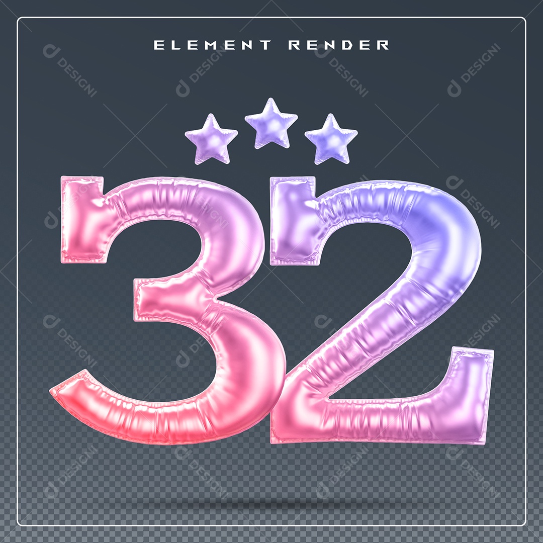 Elemento 3D Número 32 Colorido para Composição PSD