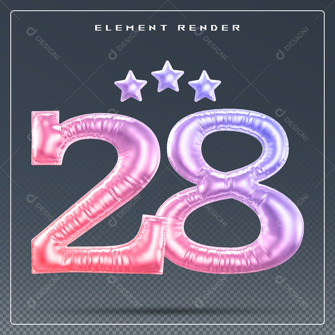 Elemento 3D Número 28 Colorido para Composição PSD