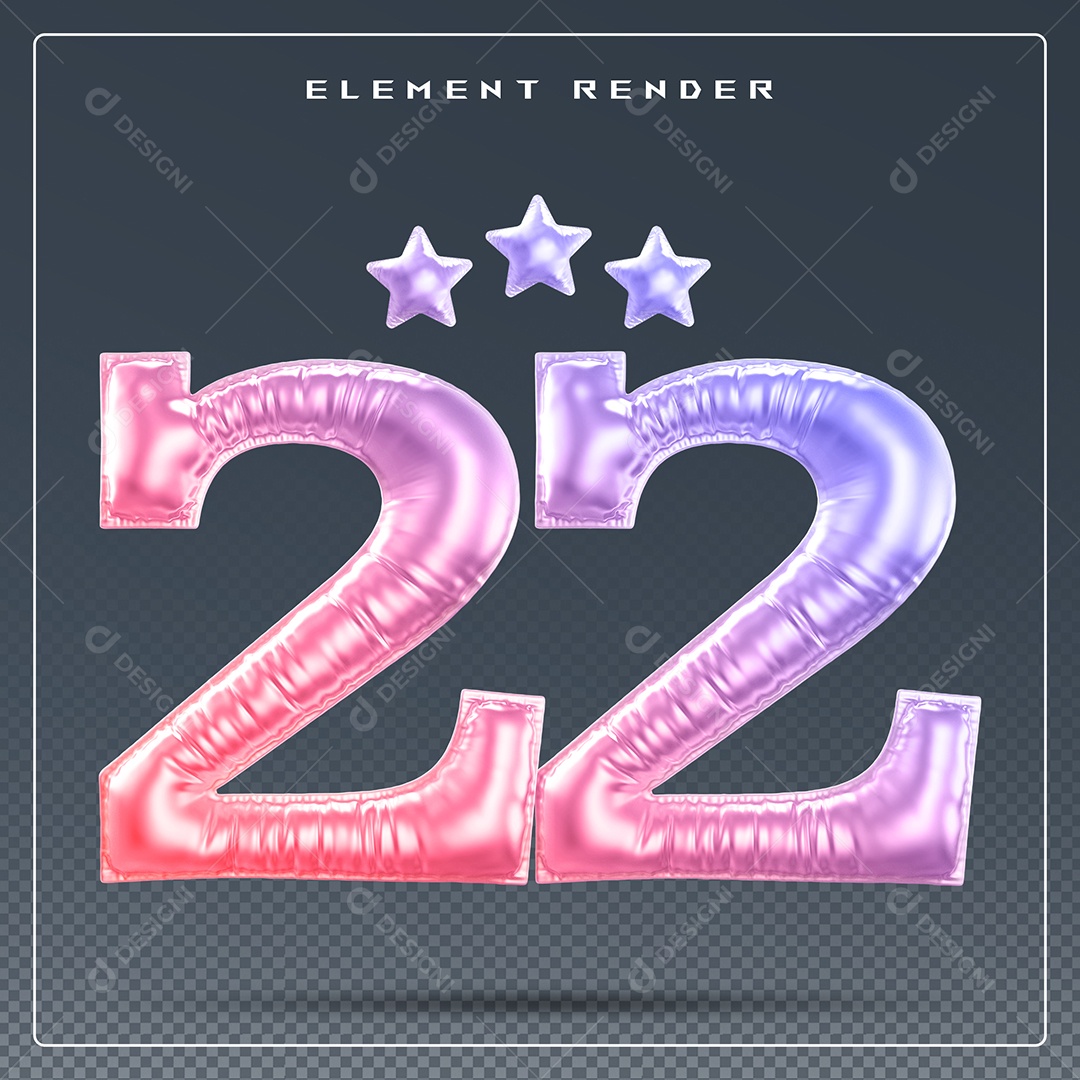 Elemento 3D Número 22 Colorido para Composição PSD