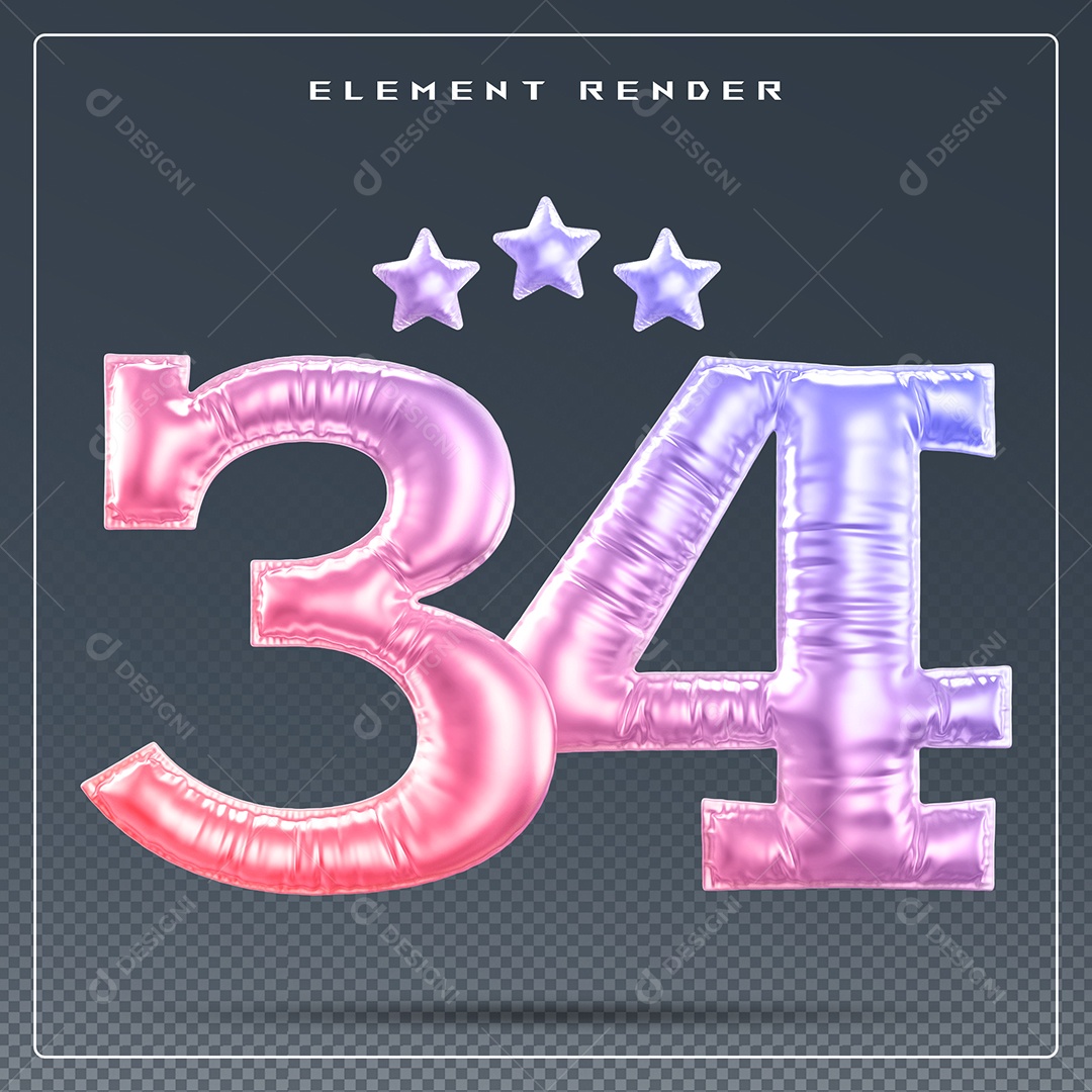 Elemento 3D Número 34 Colorido para Composição PSD