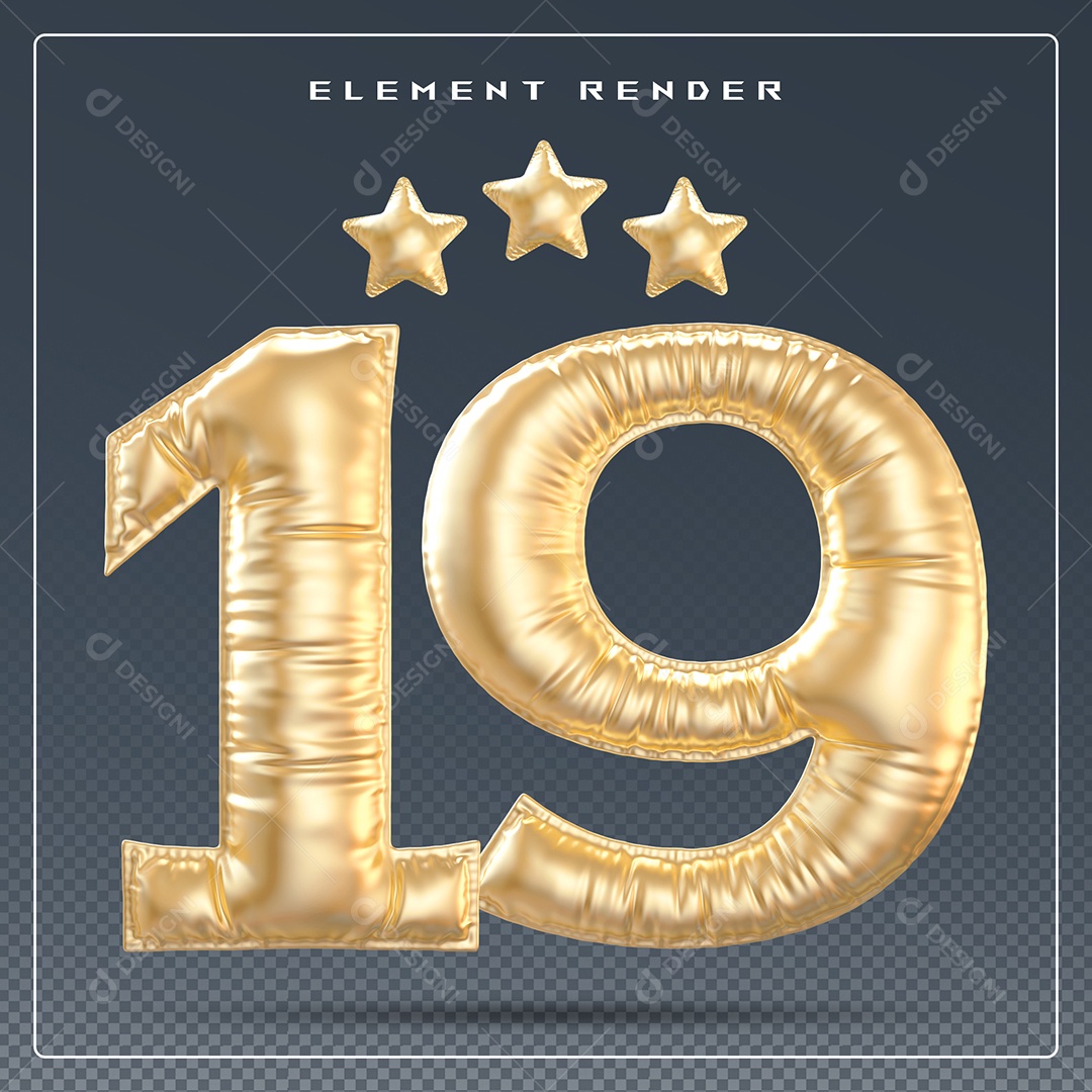 Elemento 3D Número 19 Dourado para Composição PSD