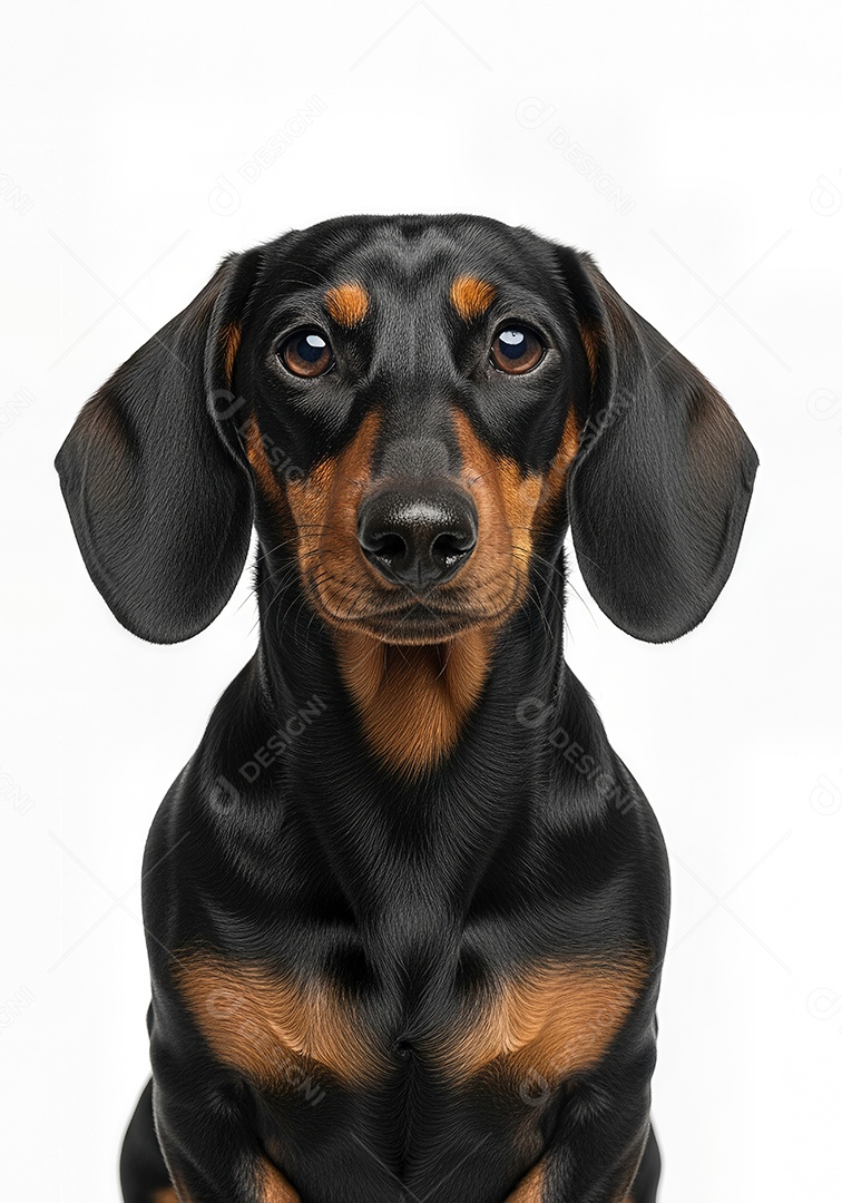 Retrato de Cachorro de Pelagem Preta e Castanha em Estúdio Fundo Branco Imagem JPG.