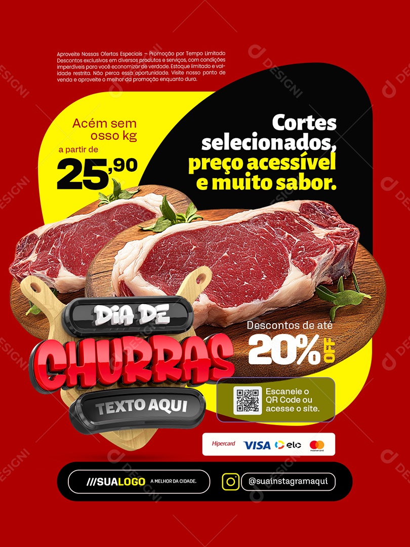 Dia de Churras Açougue Acém Sem Osso Cortes Selecionados Social Media PSD Editável