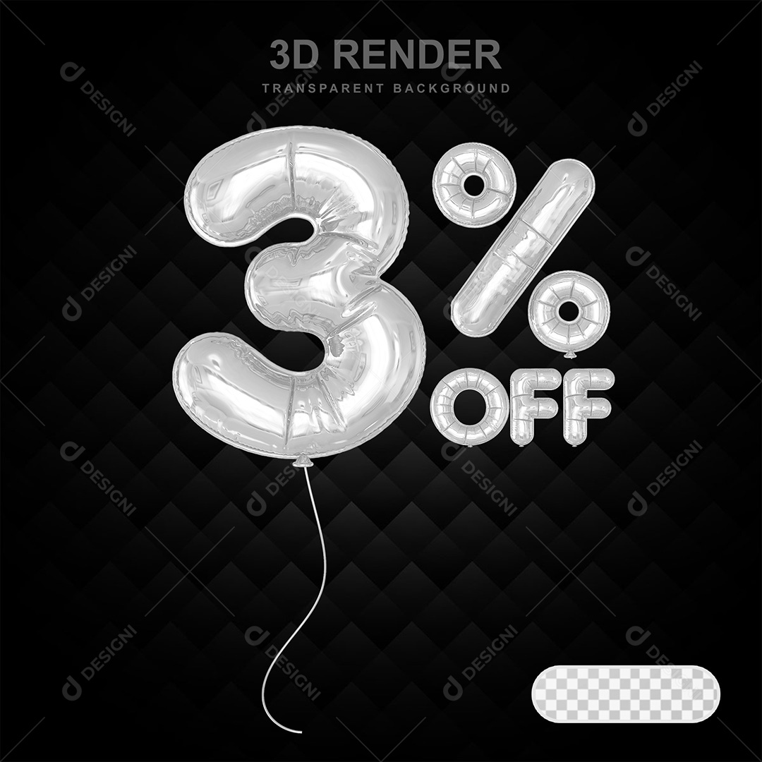 Elemento 3D Balão Prata de Número 3% para Composição PSD