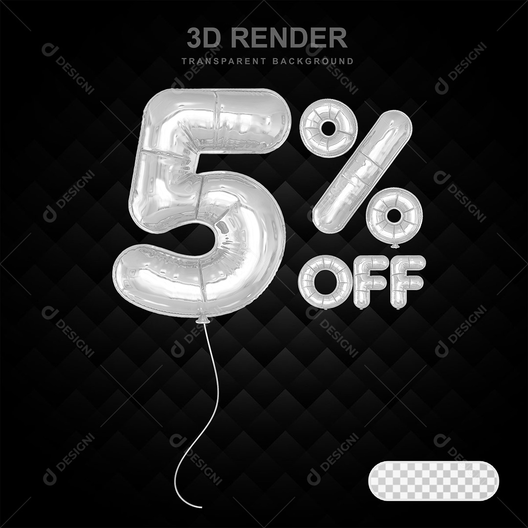 Elemento 3D Balão Prata de Número 5% para Composição PSD