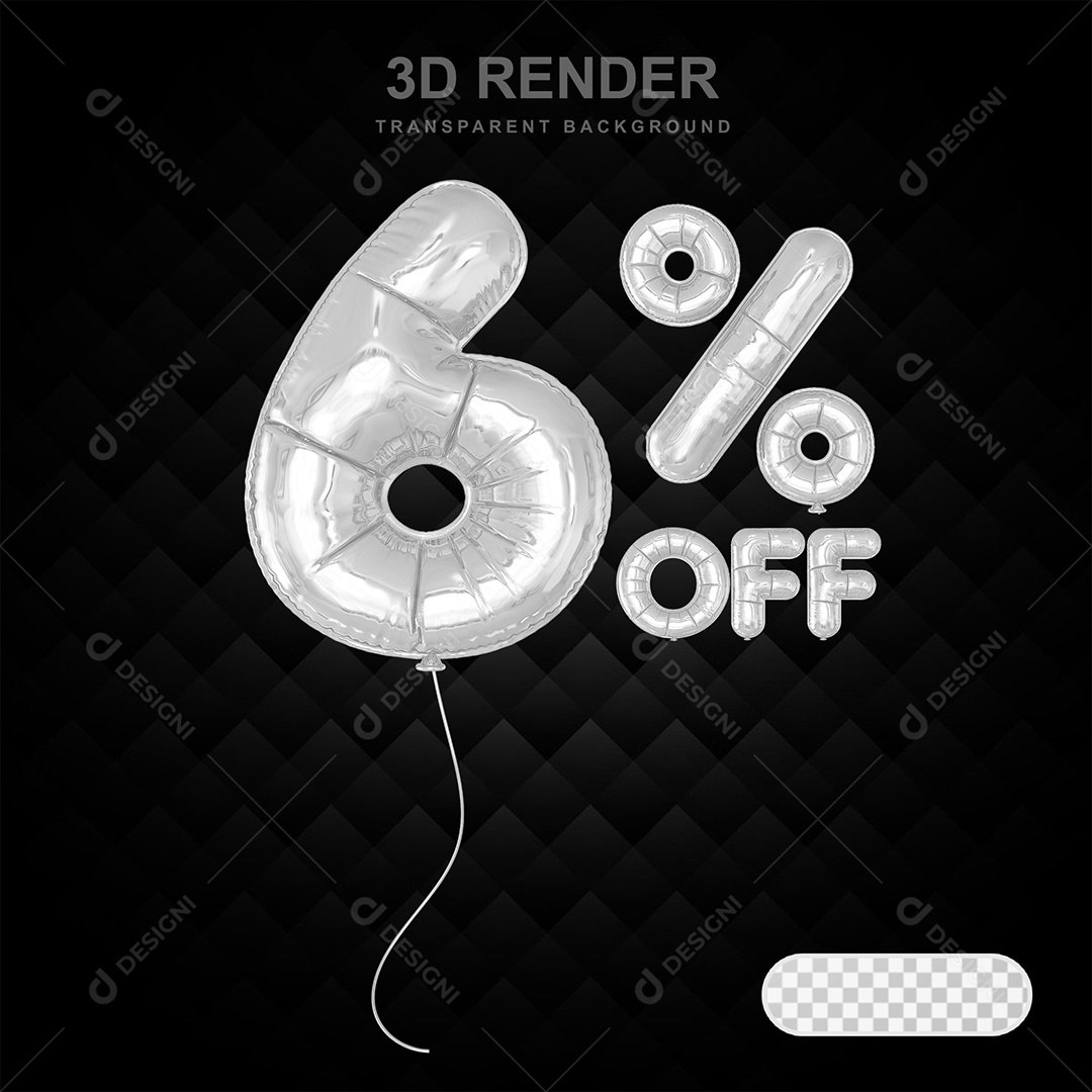 Elemento 3D Balão Prata de Número 6% para Composição PSD