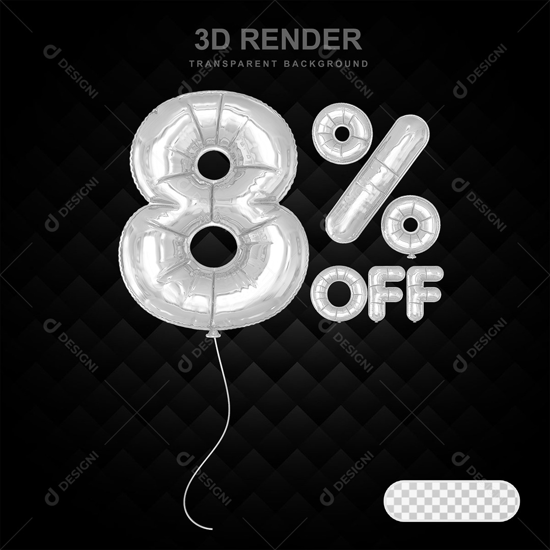 Elemento 3D Balão Prata de Número 8% para Composição PSD