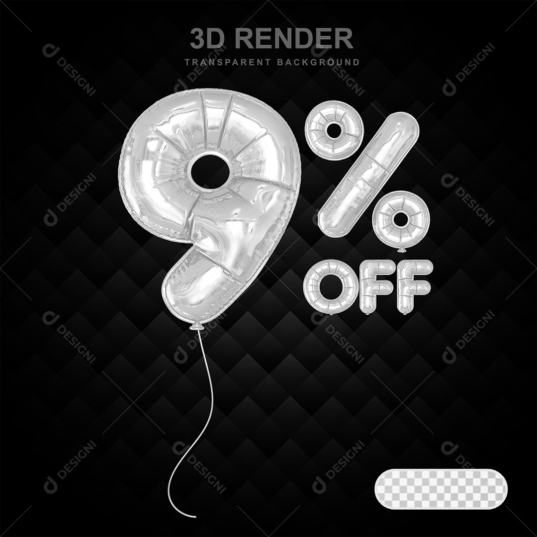Elemento 3D Balão Prata de Número 9% para Composição PSD