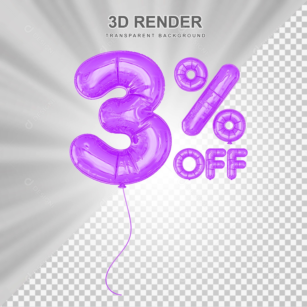 Elemento 3D Balão Roxo de Número 3% para Composição PSD