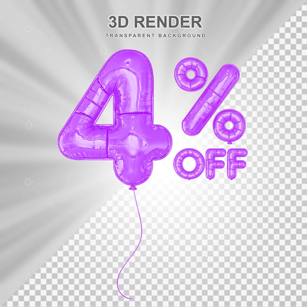 Elemento 3D Balão Roxo de Número 4% para Composição PSD