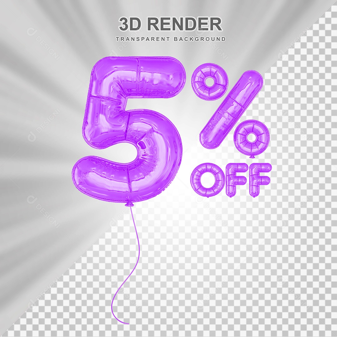 Elemento 3D Balão Roxo de Número 5% para Composição PSD