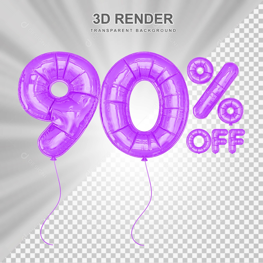 Elemento 3D Balão Roxo de Número 90% para Composição PSD