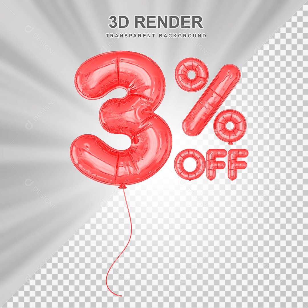 Elemento 3D Balão Vermelho de Número 3% para Composição PSD