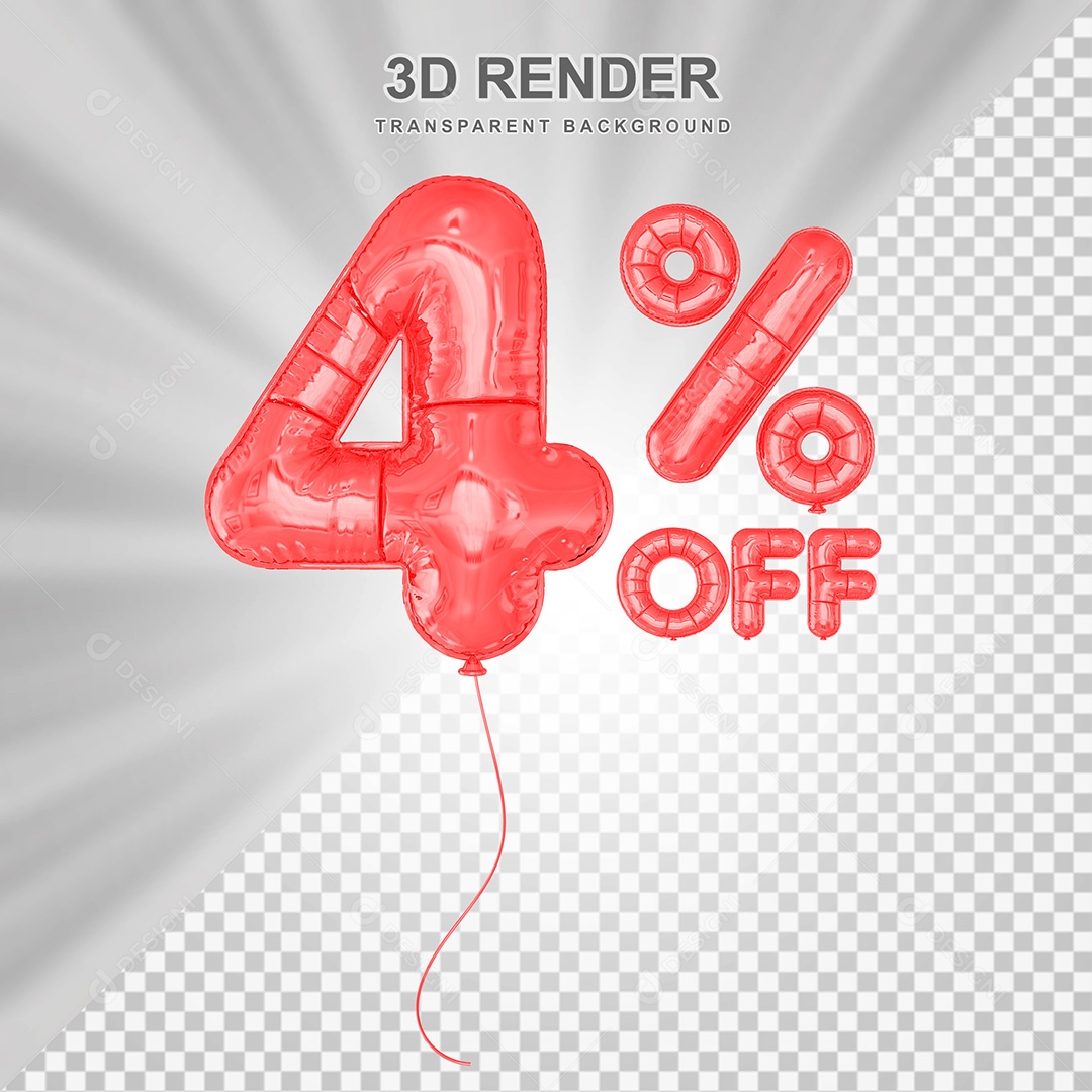 Elemento 3D Balão Vermelho de Número 4% para Composição PSD