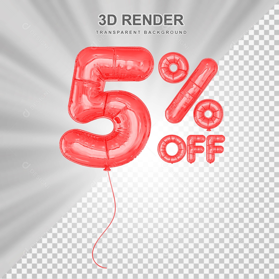 Elemento 3D Balão Vermelho de Número 5% para Composição PSD