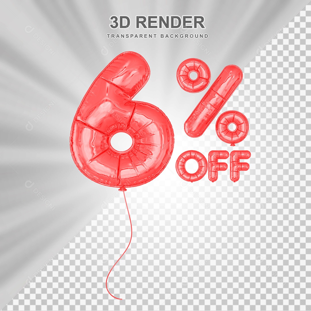 Elemento 3D Balão Vermelho de Número 6% para Composição PSD